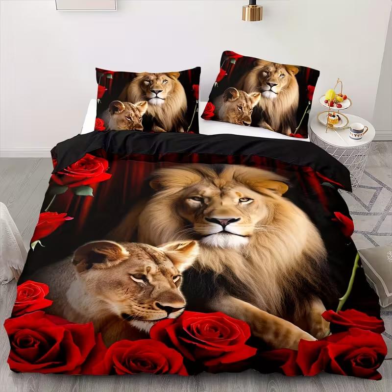 3Pcs Duvet Cover Set Black Lion King Size Lion Twin Bedding Set For Boys Duvet 3D Animal Red Rose Queen Bedding Set Decor