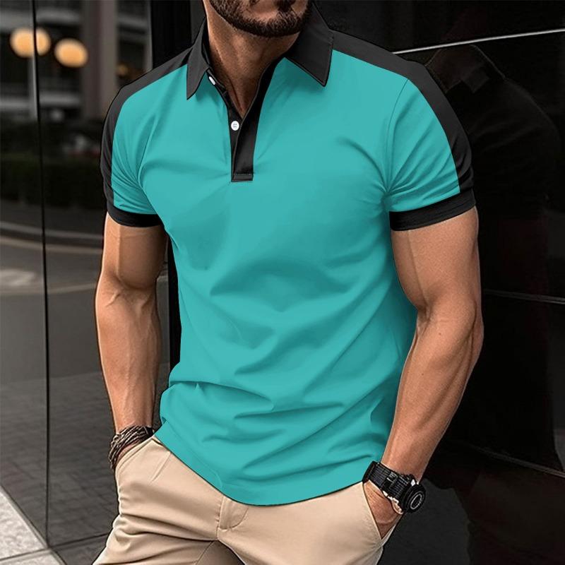 Men's Casual Polo Shirt Fashionable Lapel Button Business Color Blocked Versatile T-shirt Top
