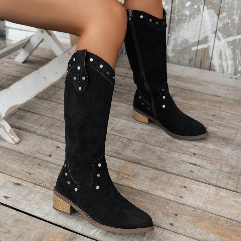 Retro Pointed Rivet Western Cowboy Boots Large Size Thin V-mouth Suede Side Zipper Fashion Boots
