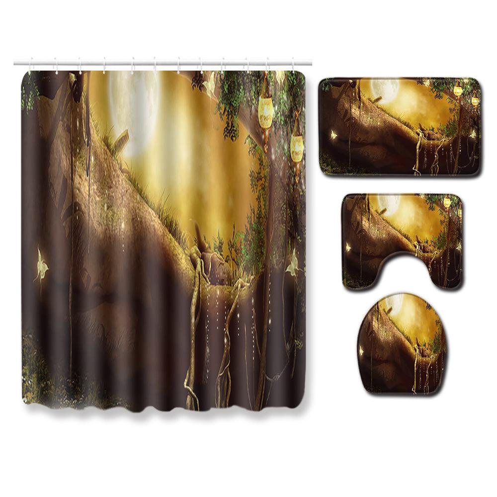 Healing Tree Hole Bathroom Shower Curtain Floor Mat Toilet Cover Foot Mat Four-Piece Set