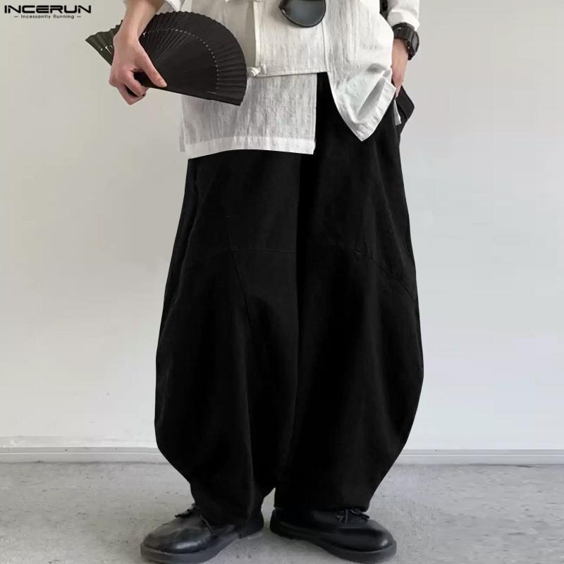 INCERUN Men Elastic Waist Cotton Linen Casual Solid Color Drop-crotch Pants Lantern Trousers