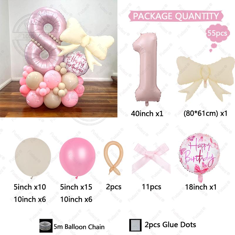 

55PCS Pink Bow Theme Bouquet Balloon Set with 40inch Pink Number Girl First Birthday Party Decoration Baby Shower Helium Globos As The Picture
