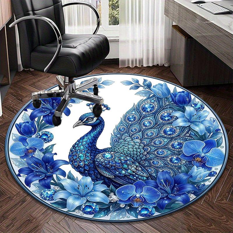 Blue Peacock Floral Art Round Carpet Chair Cushion Round Entryway Rug, Soft Round Rugs for Living Room, Bedroom, Circle Carpet Decor Gifts