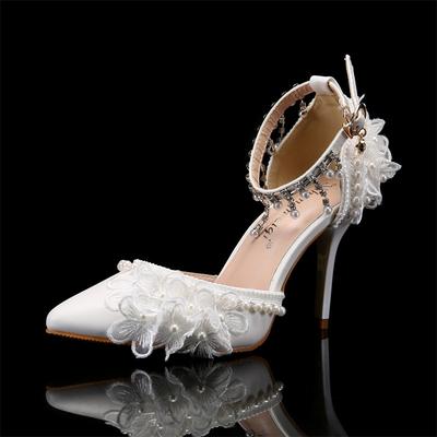 Modne Białe Kwiaty Szpilki Sandały Szpiczaste Damskie Pojedyncze Buty Ślubne Panna Młoda Projektant Eleganckie Zapatos De Mujer Szpilki 43