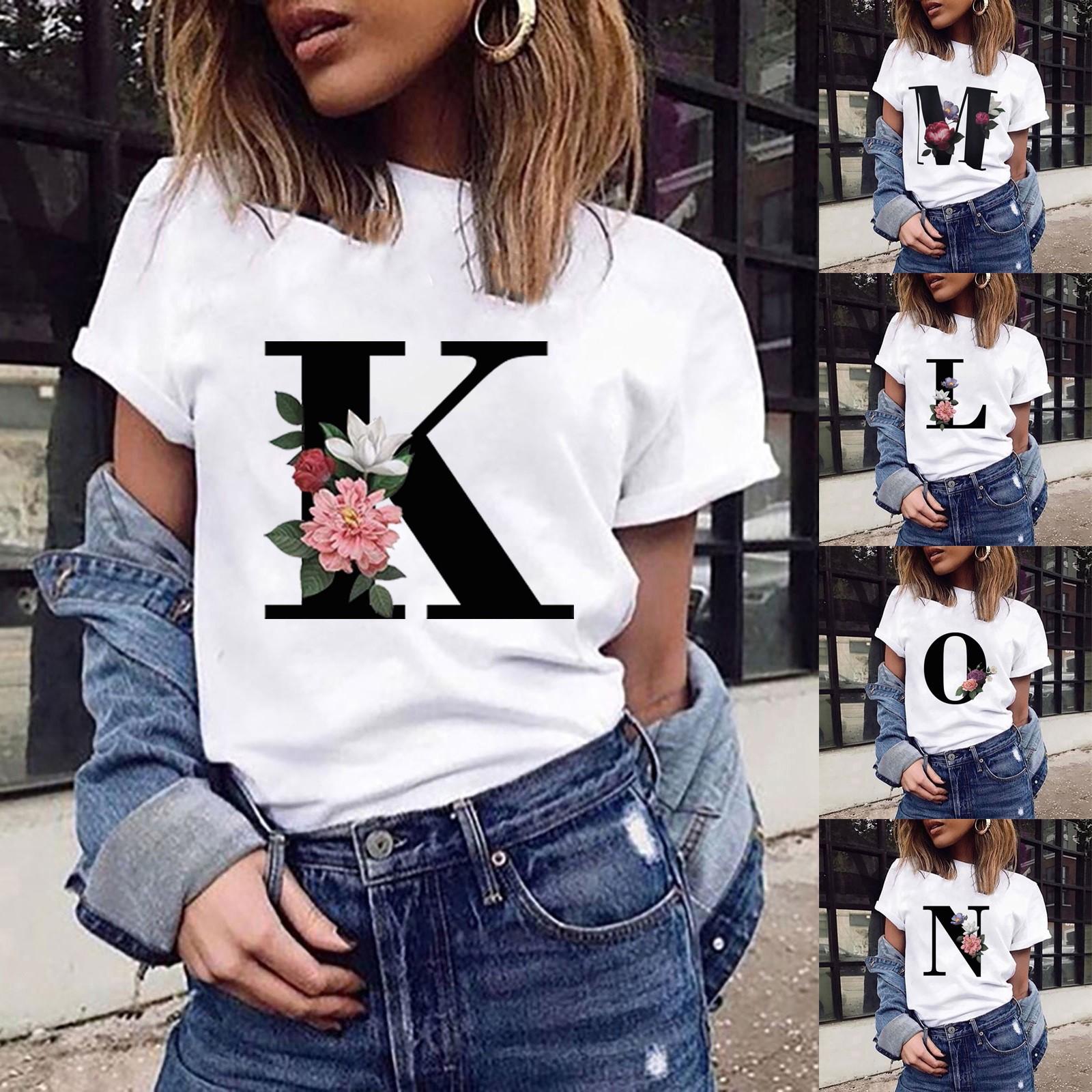 

Женская мода, повседневная футболка с короткими рукавами и круглым вырезом с буквенным принтом, топ
