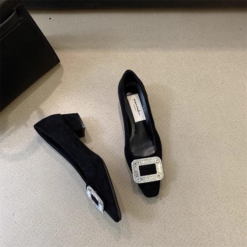 

Французские туфли-лодочки на толстом каблуке с квадратной пряжкой и стразами, женская обувь 2025 новая весна, осень и зима вечерний темперамент черные туфли для работы 39