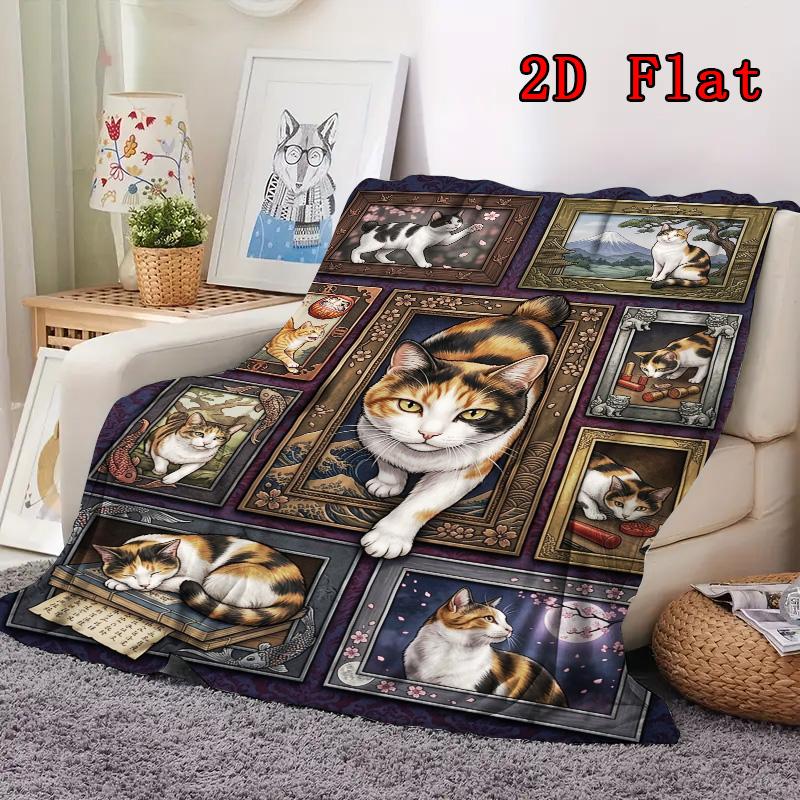Japanese Cat Portraits 2D Flat Pattern Flannel Blanket, High quality All Seasons, Home Decor, Warmth and Comfort, Perfect for Christmas Gifts.