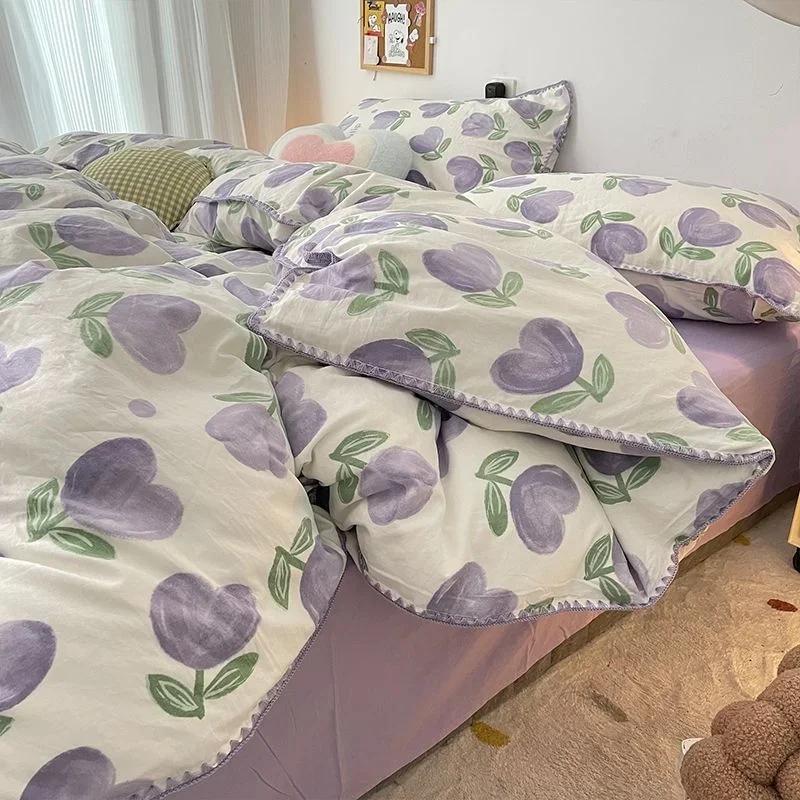 Bedding Set  Girls Cherry  Soft Washed Cotton Bed Sheet Queen King Size Duvet Set  Comforter Set Pillowcase Bed Linens