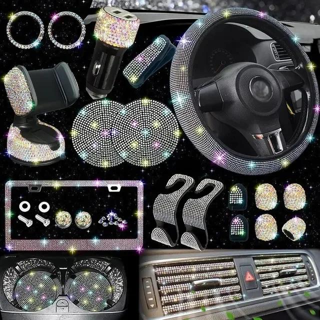 Car Accessories Set 27/4Piece Women Bling Universal Fit Polyester Steering Cover Shiny License Frame Phone Holder Coasters Tools