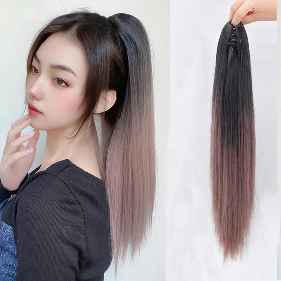 Extension de Cheveux Synthétiques Longs Lisses à Pince Queue de Cheval 22 Pouces Noir Mèches Bleues Grises Postiche Queue de Cheval Perruque Pour Femmes