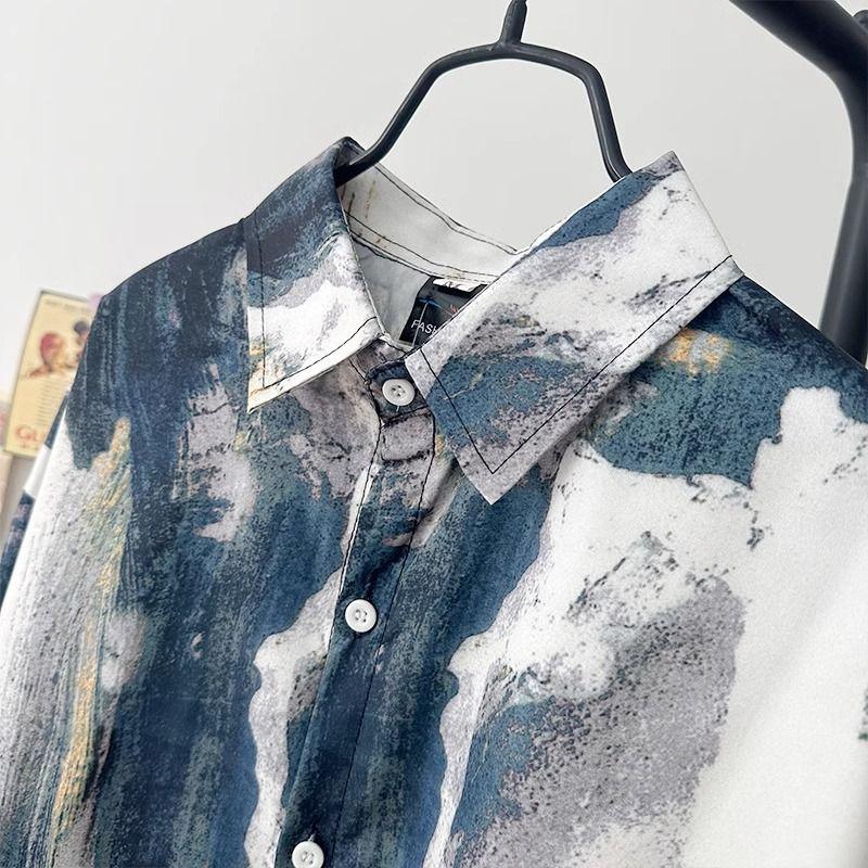 Men Trendy Vintage Ink Wash Tie Dye Print Lapel Button Up Shirt Y2K Harajuku Streetwear Long Sleeve Loose Tops Camisas De Hombre