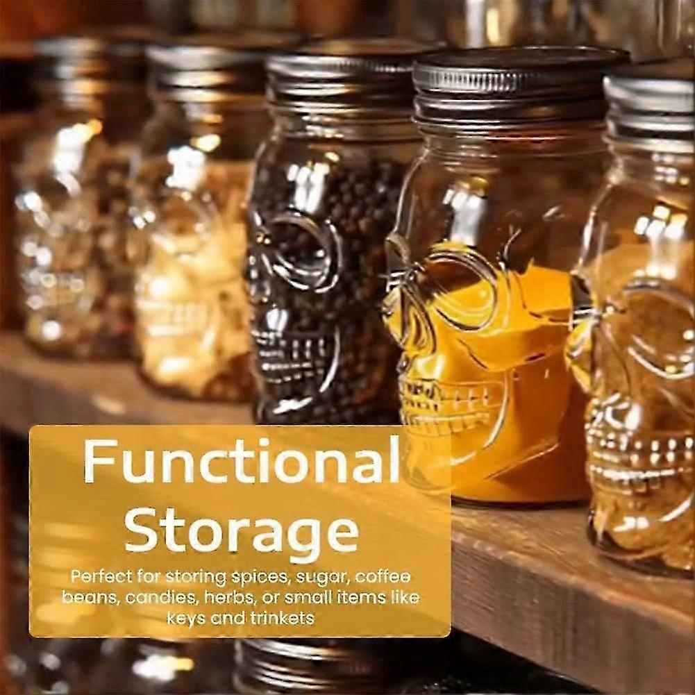 Skull Storage Jar,Glasses Skull Jars with Lids for Spices,Reusable Drinking Skulls-Shaped Decorative Storage,Gothic Glass Halloween Cookie Mason,Uniqu