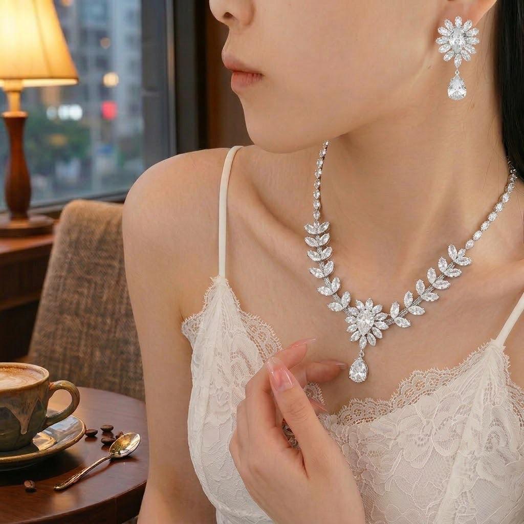 Zircon Wheat Ear Tassel Necklace and Earrings Set