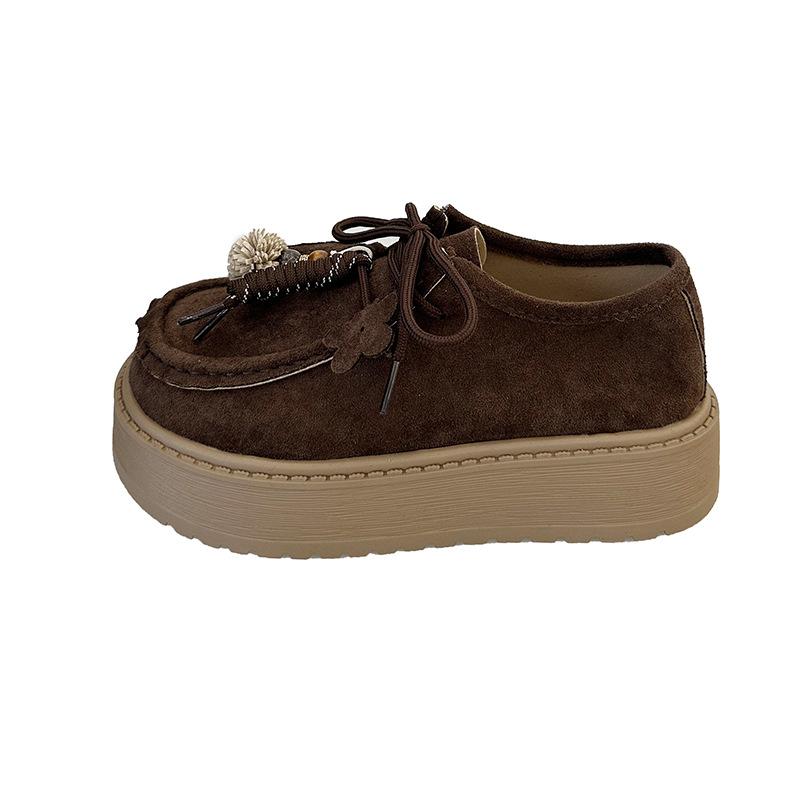 2025 retro round head lace-up women's shoes British style platform versatile small fringed loafers women's single shoes trend