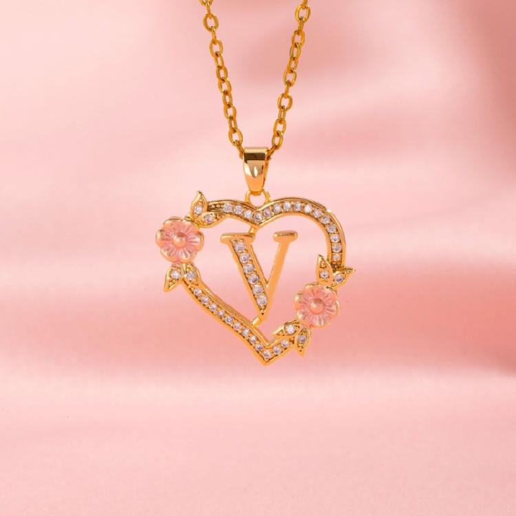 Zierliches Messing Initialen-Halskette Mit Floralem Herz-Ausschnitt Design Verstellbare Kette Leichter Romantik Schmuck