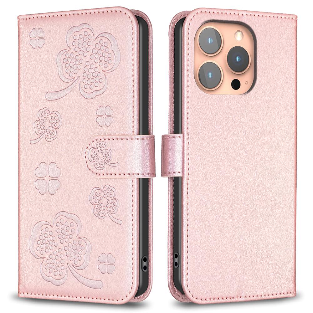 

Чехол для iPhone 16 Pro Кожаный чехол для телефона с узором Клевер на удачу Pink