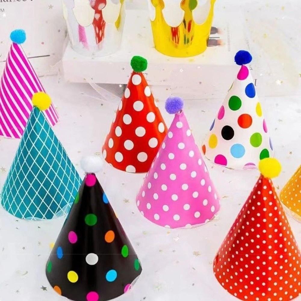 Polka Dot Birthday Party Hats Colorful Paper Birthday Hat Set DIY Handmade with Pom Poms Baby Birthday Headband Baby Shower