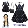 Wednesday Addams Dress Wig Cosplay Costume For Kid Girl Halloween Xmas Party