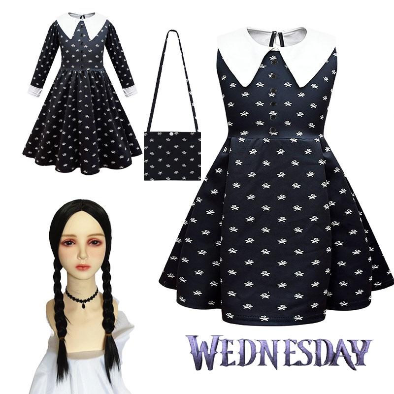 Wednesday Addams Dress Wig Cosplay Costume For Kid Girl Halloween Xmas Party