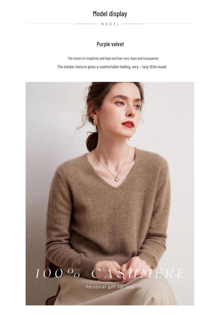 Women's 100% Pure Cashmere V-neck Sweater, Autumn Winter Long Sleeve Knit Pullover Top