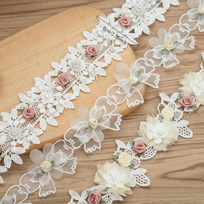 DIY Handmade Lace Applique Sewing Craft with Embroidered Fabric Wedding Decoration 3D White Flower Butterfly Lace Silk