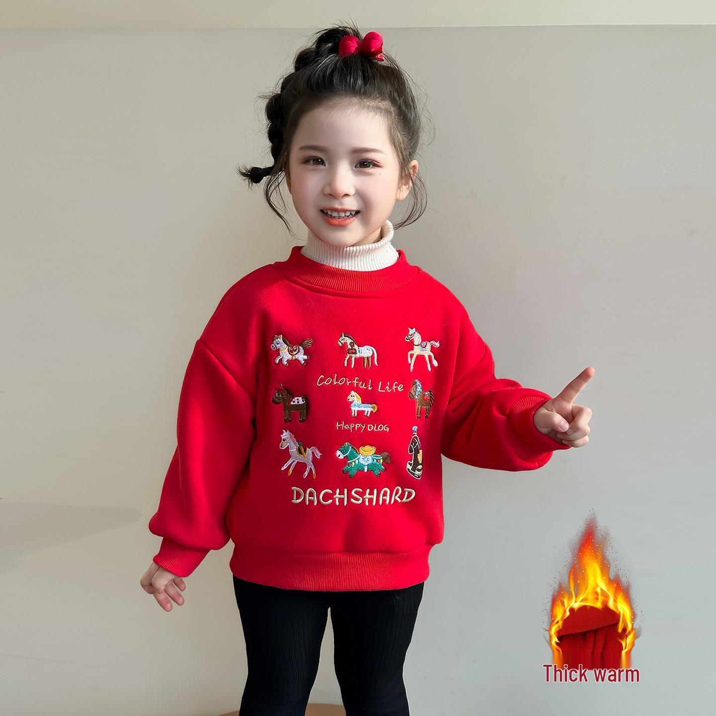 Girls Red Cartoon Pony Fleece-Lined Hoodie Winter Top 100 cm