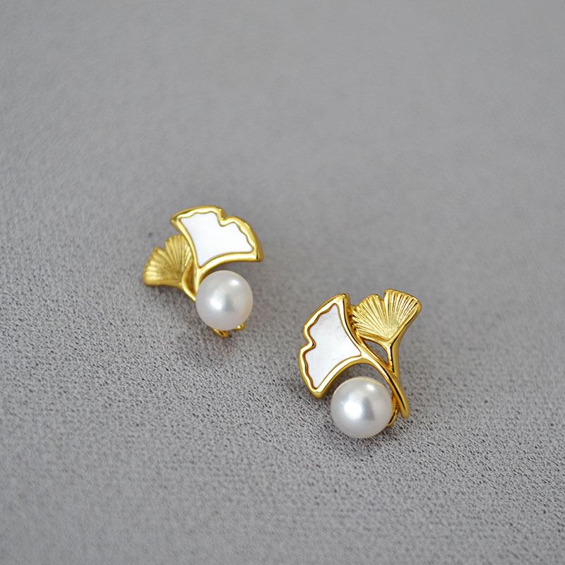 

Винтажные японско-корейские латунные серьги-пусеты с жемчугом в виде листьев гинкго для женщин