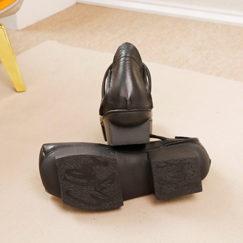 Johnature Vintage ekte kuskinn firkantet tå damesko Allsidig ekte skinn pumper med mellomhæl