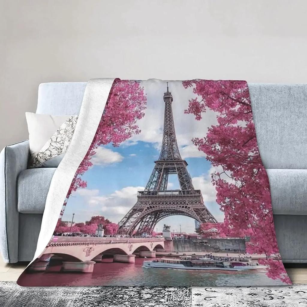 Eiffel Tower Flannel Throw Blanket Paris French Romantic Theme Blanket for Sofa Bed Car Travel Gift Lightweight Warm Super Soft