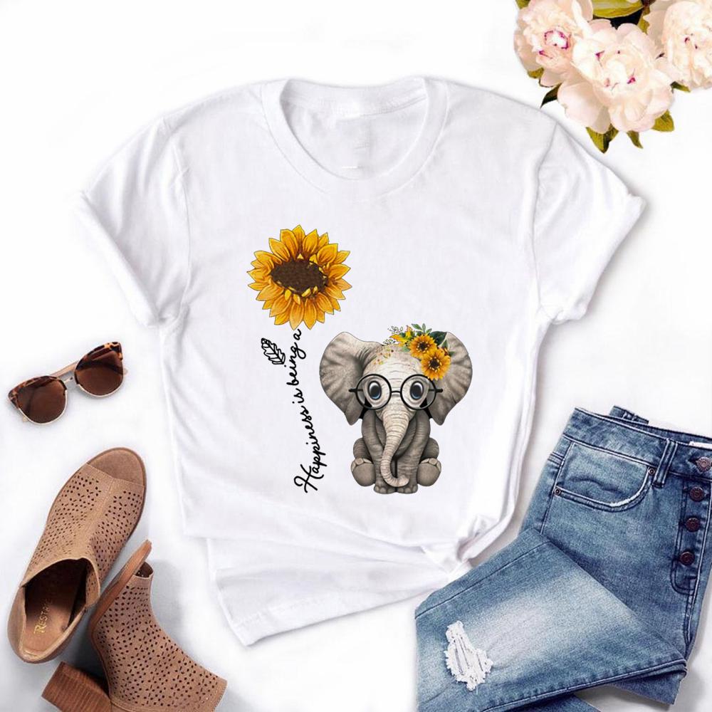 Elephant Sunflower Print Shirt Women Casual Short Sleeve O Neck Tee Tops 90S Harajuku
