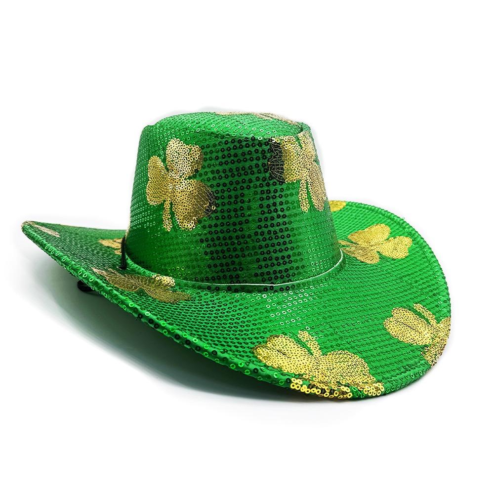 Clover Shamrock Hat Cowboy Hat Green Velvet Top Hat Cap Saint Patrick's Day Hat  Party Decoration