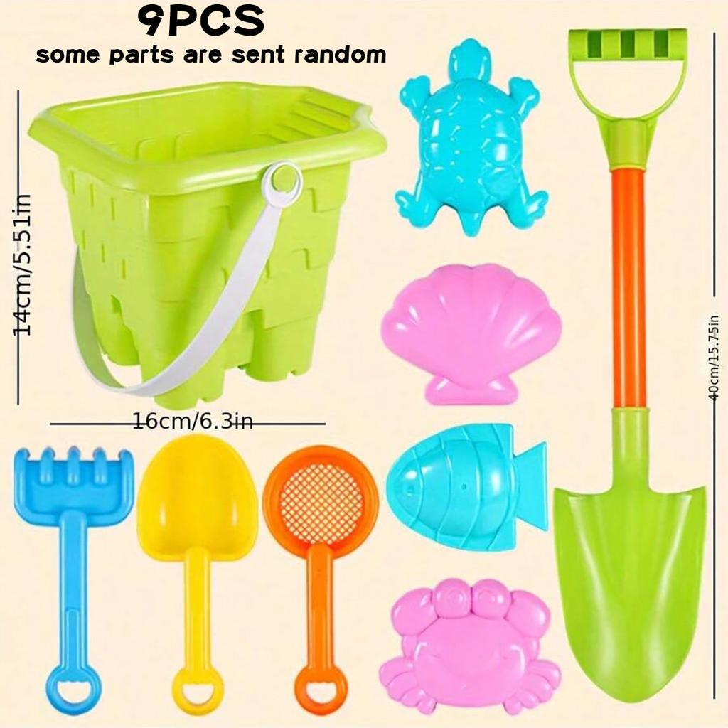 Children's beach and sandbox toy set, including a large round sandcastle bucket, sandcastle mold, and a large shovel. The colors