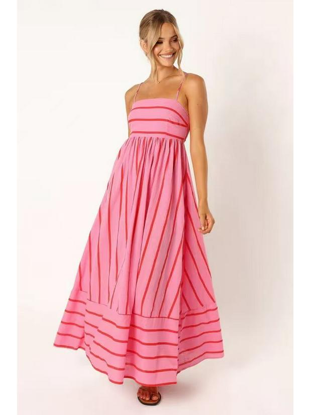 Spring/Summer 2024 Striped Off-Shoulder Wide-Hem Camisole Dress - Fresh Casual Vacation Style