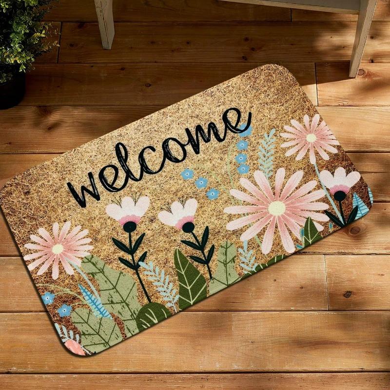 

Multilingual Welcome Door Mat with Clover and Floral Patterns, Non Slip Floor Rug, Decorative Entrance Mat for Home and Porch 40x60cm