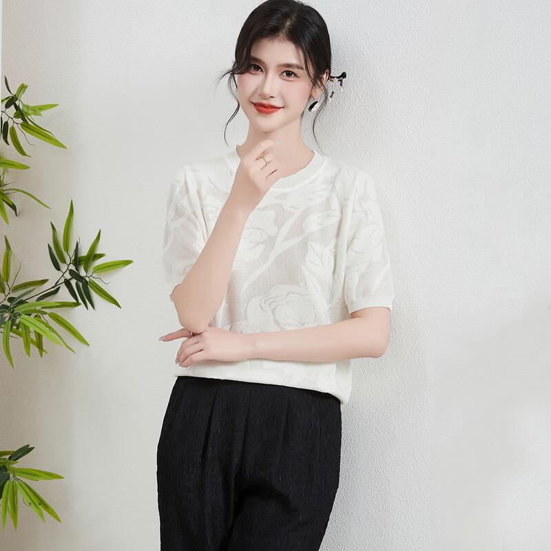 Jinjuju Women s Floral Jacquard Knit Short Sleeve Top L