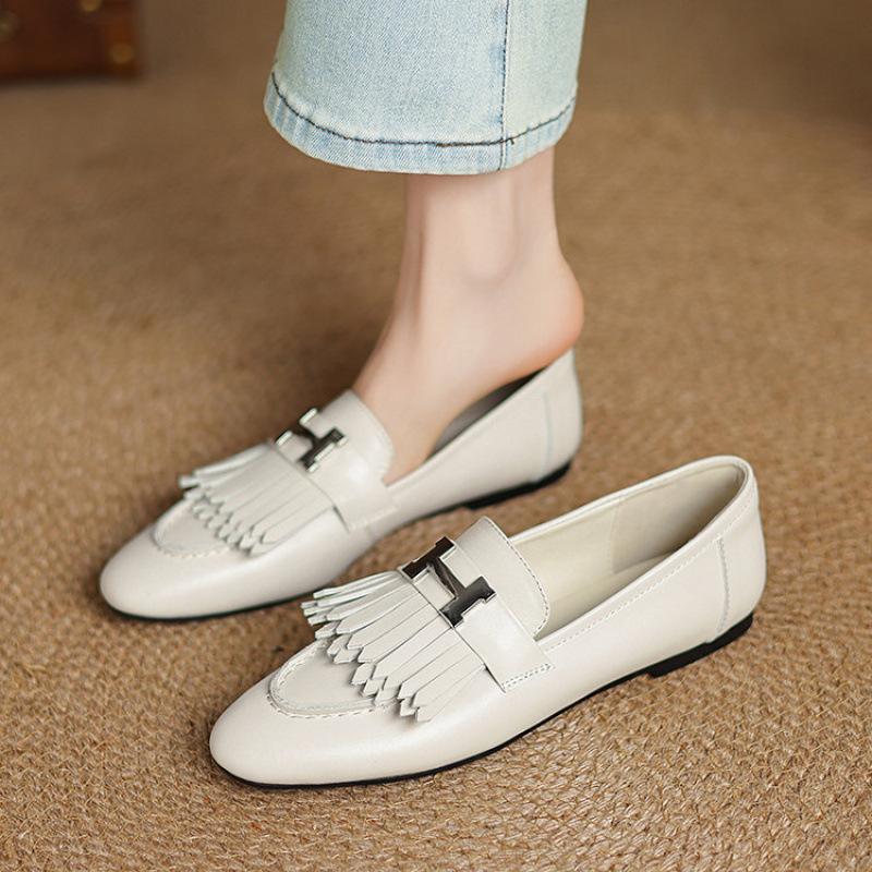 New solid color flat-bottomed loafers, comfortable and soft cowhide single shoes, low-heeled genuine leather women's shoes, cowhide soles, and large-