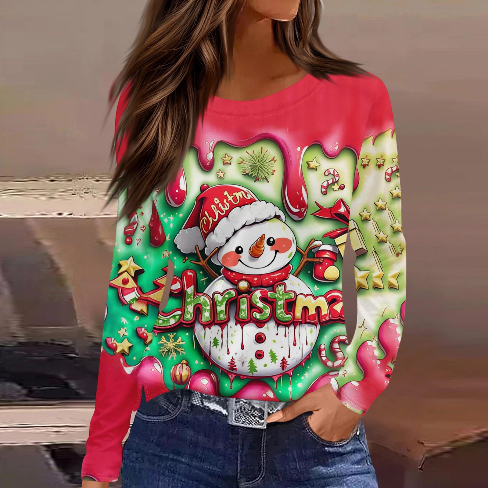 

Women s Fashion Casual Slit Hem Round Neck Long Sleeve Loose Printed T-Shirt Ladies Top S червоний