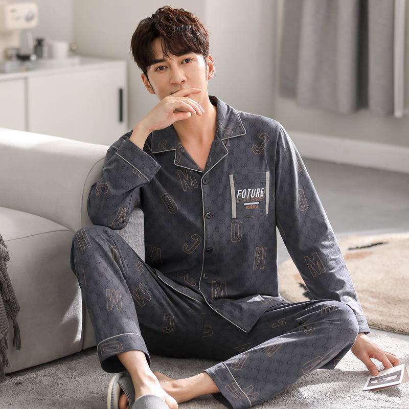 Pajamas Men'S Spring And Autumn Pure Cotton Long-Sleeved Thin Four-Season Cool Cotton Spring And Summer Can Wear Large-Size Loungewear Suit