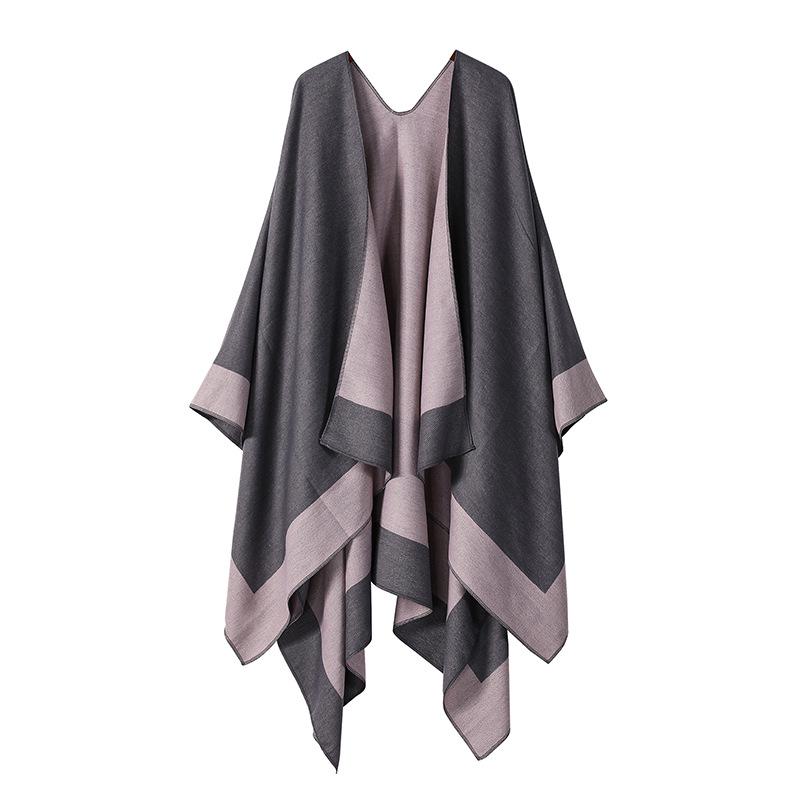 Women's European & American Double-Sided Solid Color Cape Shawl with Striped Edge
