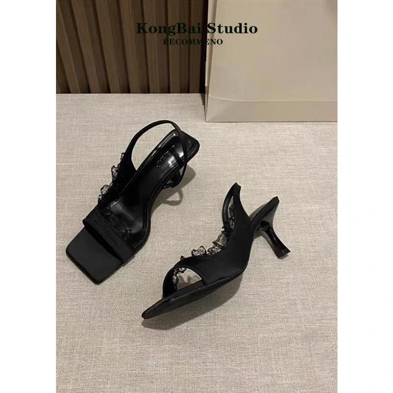 2025 summer new women's fashion square head suspender stiletto heels solid open-toe mid-heel sandals