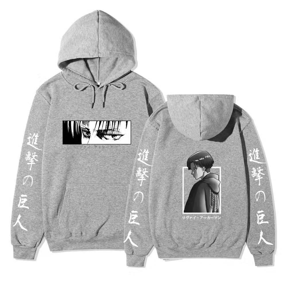 Attack On Titan Levi Ackerman Hoodie Unisex Fleece Sweatshirt Front Manga Eyes Print, Back Levi Portrait, Japanese Sleeve Text Autumn Winter Pullover