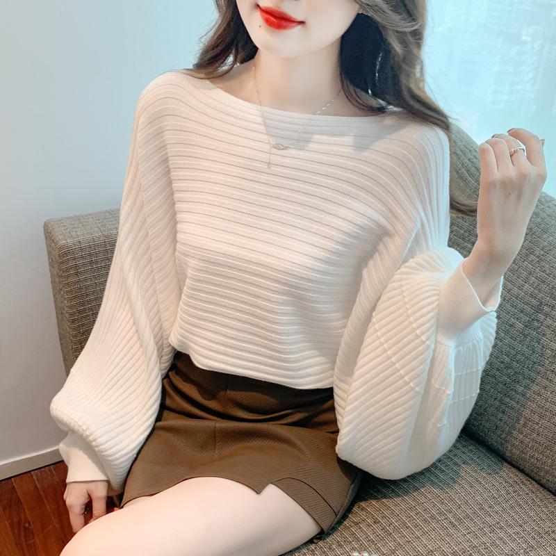 Lantern-sleeved Sweater Women's One-neck Long-sleeved Knitted Sweater Solid-color Loose Pullover Women's Autumn and Winter