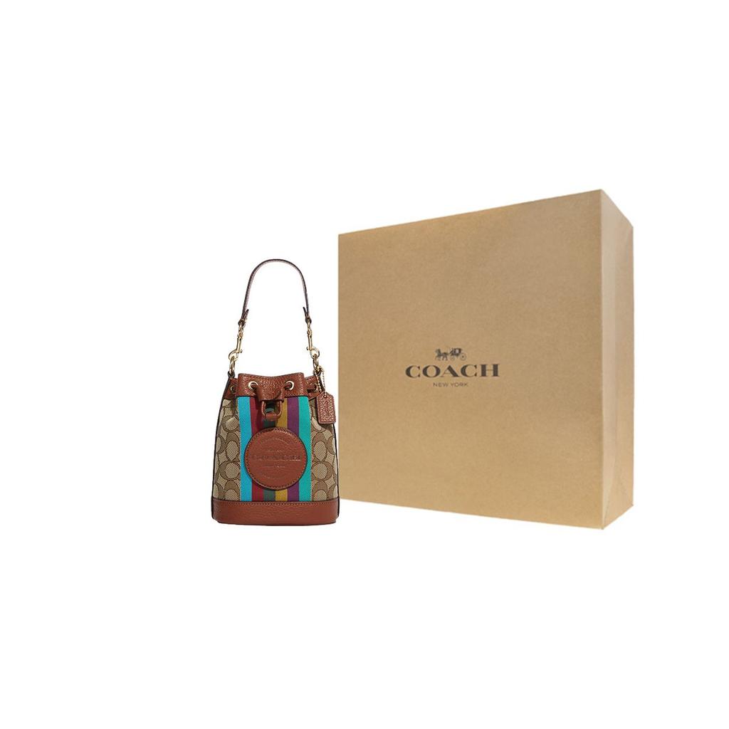 Coach Dempsey 14 Striped Pattern Drawstring Closure Fabric With Leather Bucket Bag Women bags Khaki CC318-IME7V