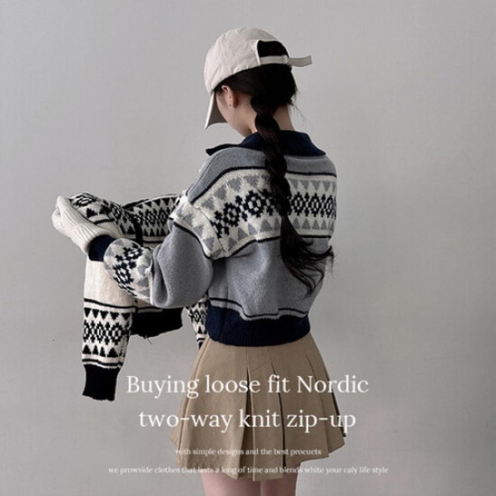 The Pink Men Loose Fit Nordic Color Block Collar Two Way Knit Zip Up