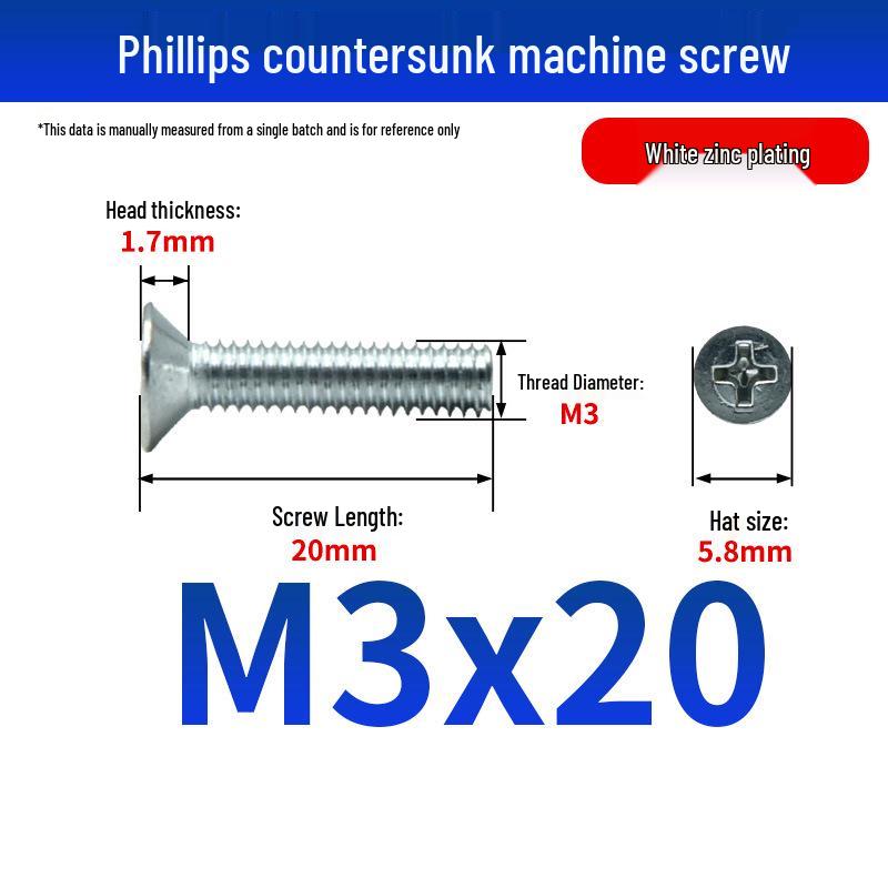White Zinc Plated Cross Recessed Countersunk Head Screws & Bolts, Machine Thread, M3-M12