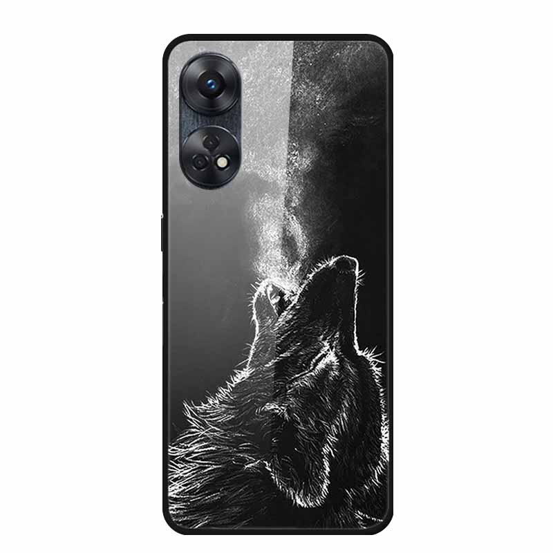 For Oppo Reno8 T 4G Case Luxury Tempered Glass Back Cover Hard Case For Reno8 T 4G 6.43" Capa Funda Animal Vividly Coque Wolf