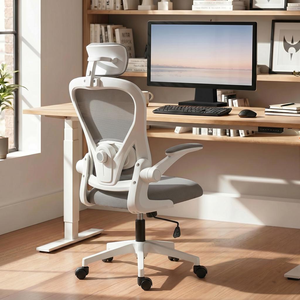 Office Chair Ergonomic Desk Chair with Flip-Up Armrests, Adjustable Lumbar Support Gray