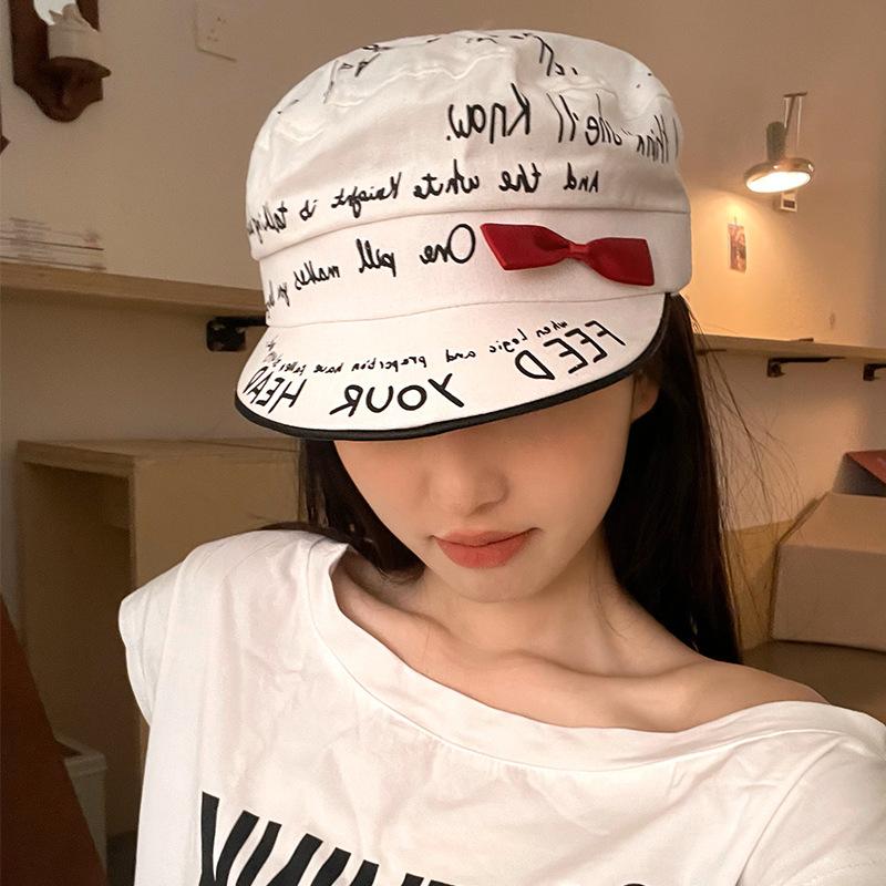 

2025 bow y2k cap newsgirl hat face little beret flat top octagonal hat One size fits all білий