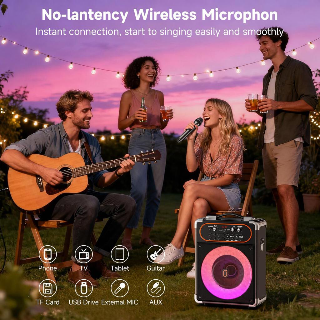 KARAOKE stroj S68 se 2 mikrofony, přenosný Bluetooth 5.3 karaoke reproduktor pro venkovní akce, setkání a večírky