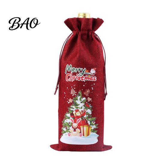 Decorative Bottle Bags for Christmas Wine Bag, Vintage Drawstring Sleeve, Reusable Faux Holiday Party Packaging Linen Cover Clothes New Year